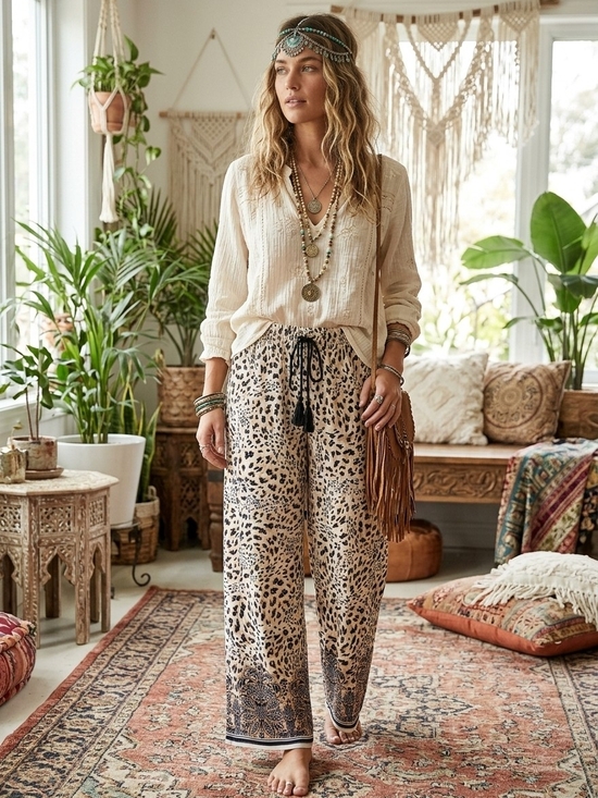 Zac & Rachel Pants - Zac & Rachel Cream Leopard-Print Wide-Leg Pants